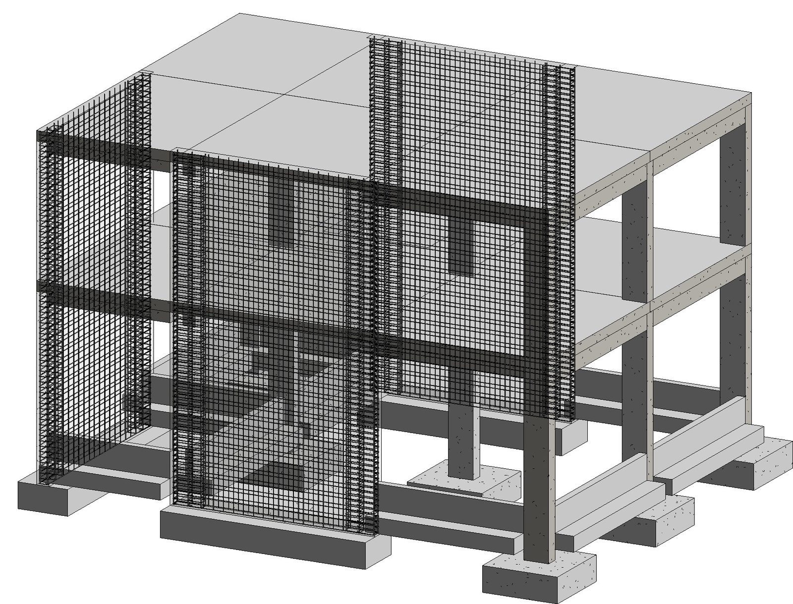 Las tres placas de la casa con su acero vertical, horizontal y los núcleos con estribos, generados por PengBIM en Revit.