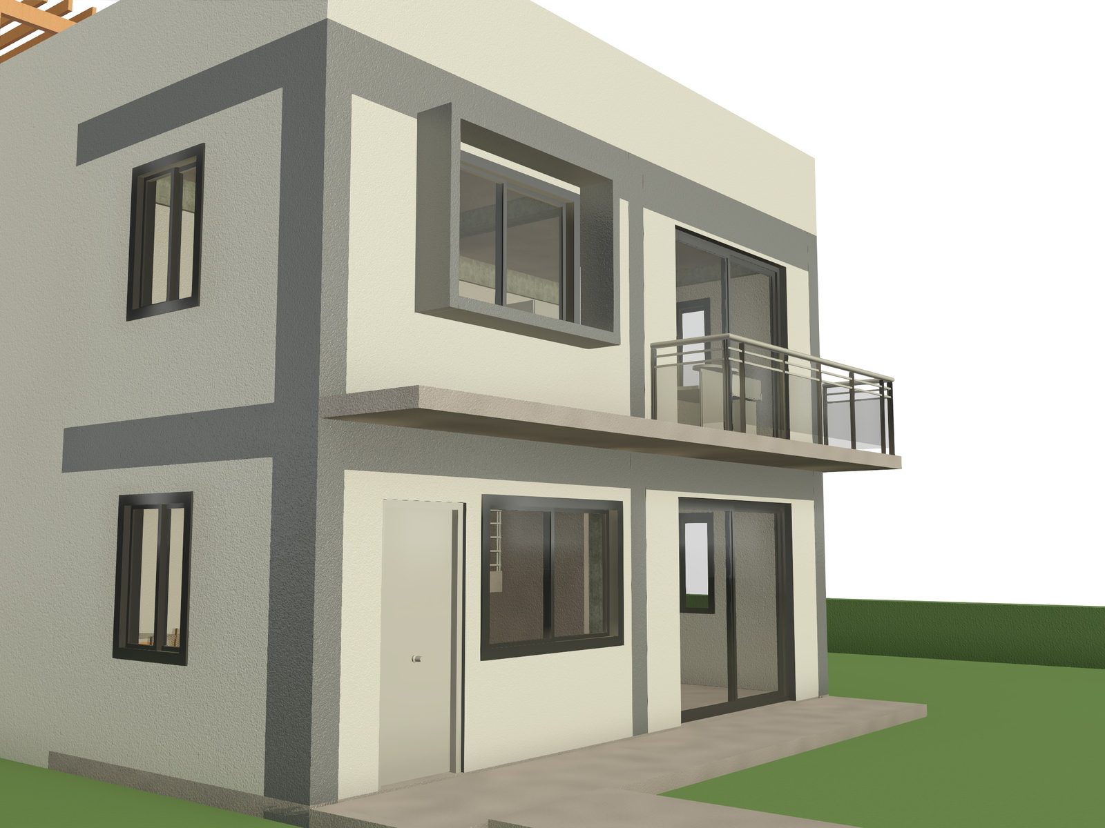 Fachada de la casa de prueba de dos pisos en Revit: volado con balcón de vidrio, marco gris en la ventana del segundo piso y pérgola de madera en la azotea.