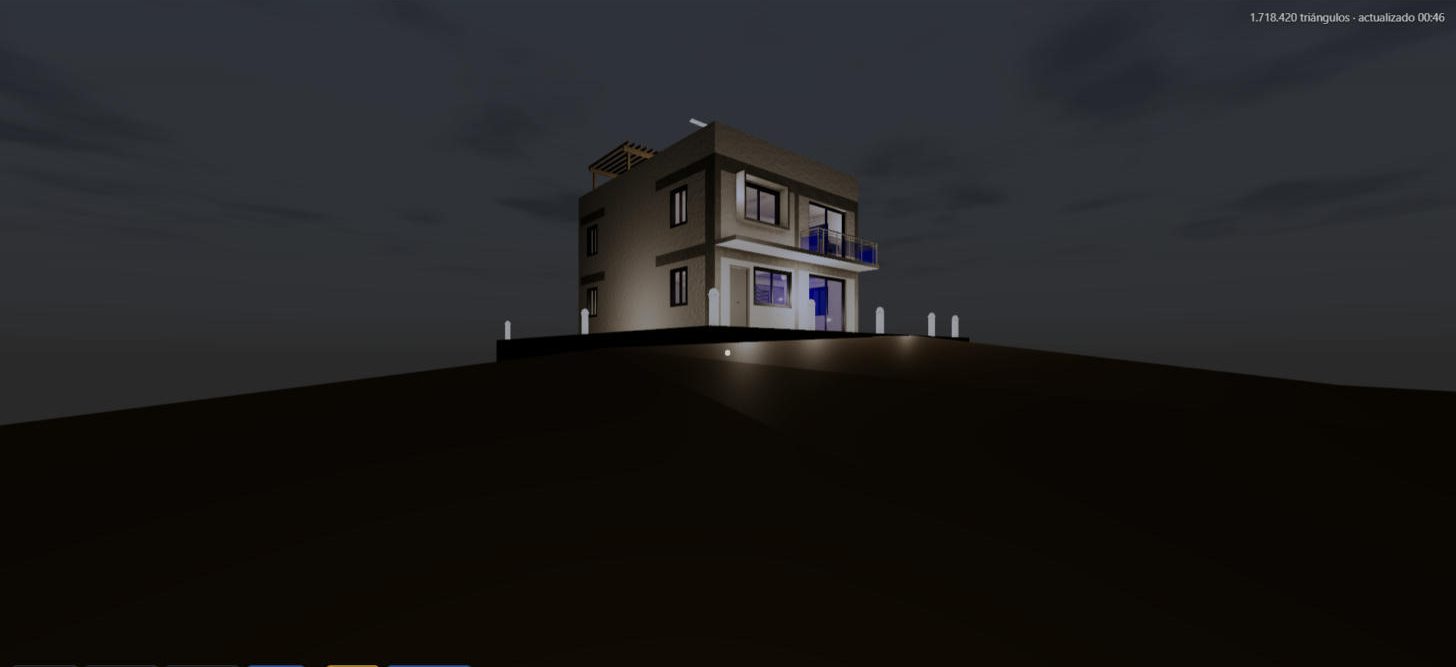 La casa en la cumbre de noche, con las luminarias del modelo encendidas en el Recorrido 3D.