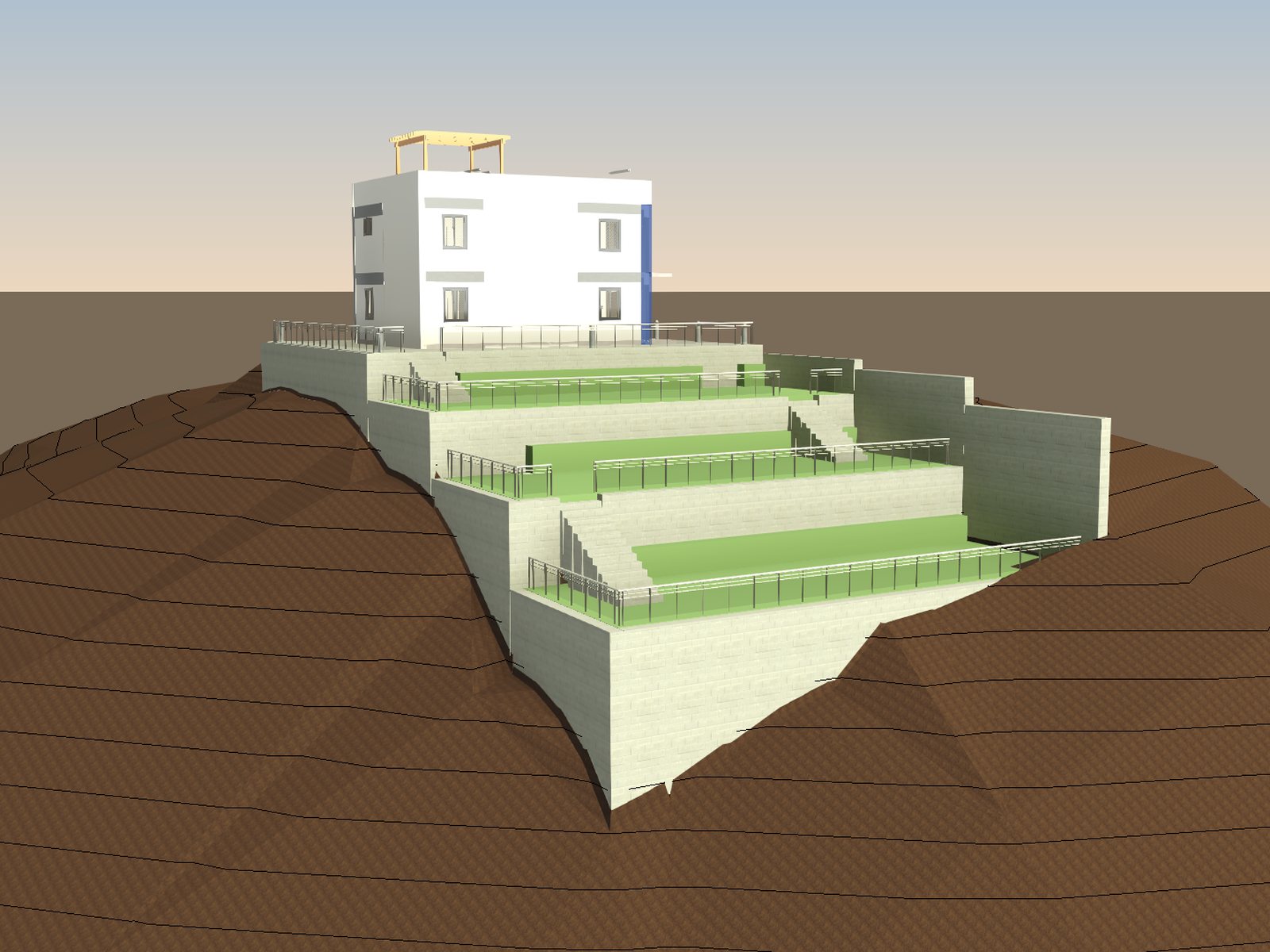 La casa en la cumbre del Cerro San Cristóbal en Revit, con tres terrazas de césped escalonadas en la ladera, muros de contención de piedra, escaleras y barandas de vidrio.