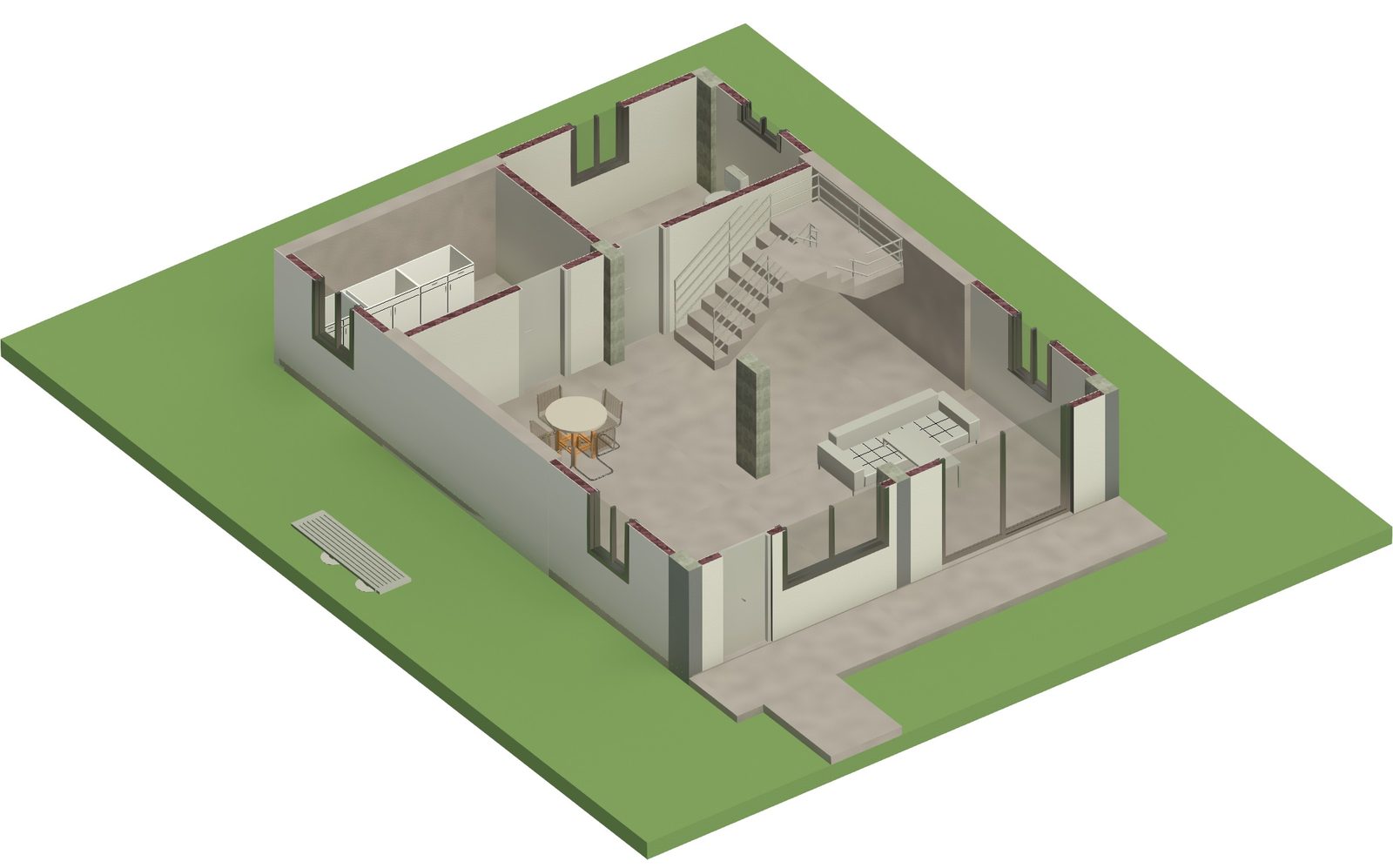 Corte 3D del primer piso de la casa amoblado: sala, comedor, escalera en U, cocina y baño.