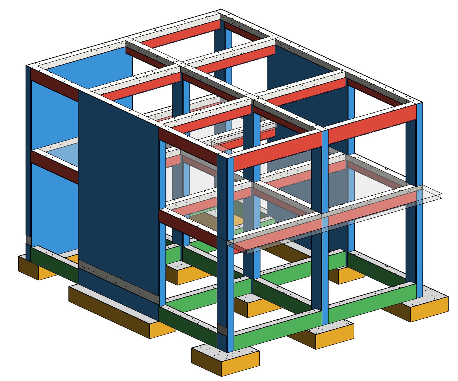 Estructura de la casa con su encofrado generado por PengBIM y un color por elemento: zapatas en amarillo, vigas de cimentación en verde, columnas y placas en azul y vigas en rojo.