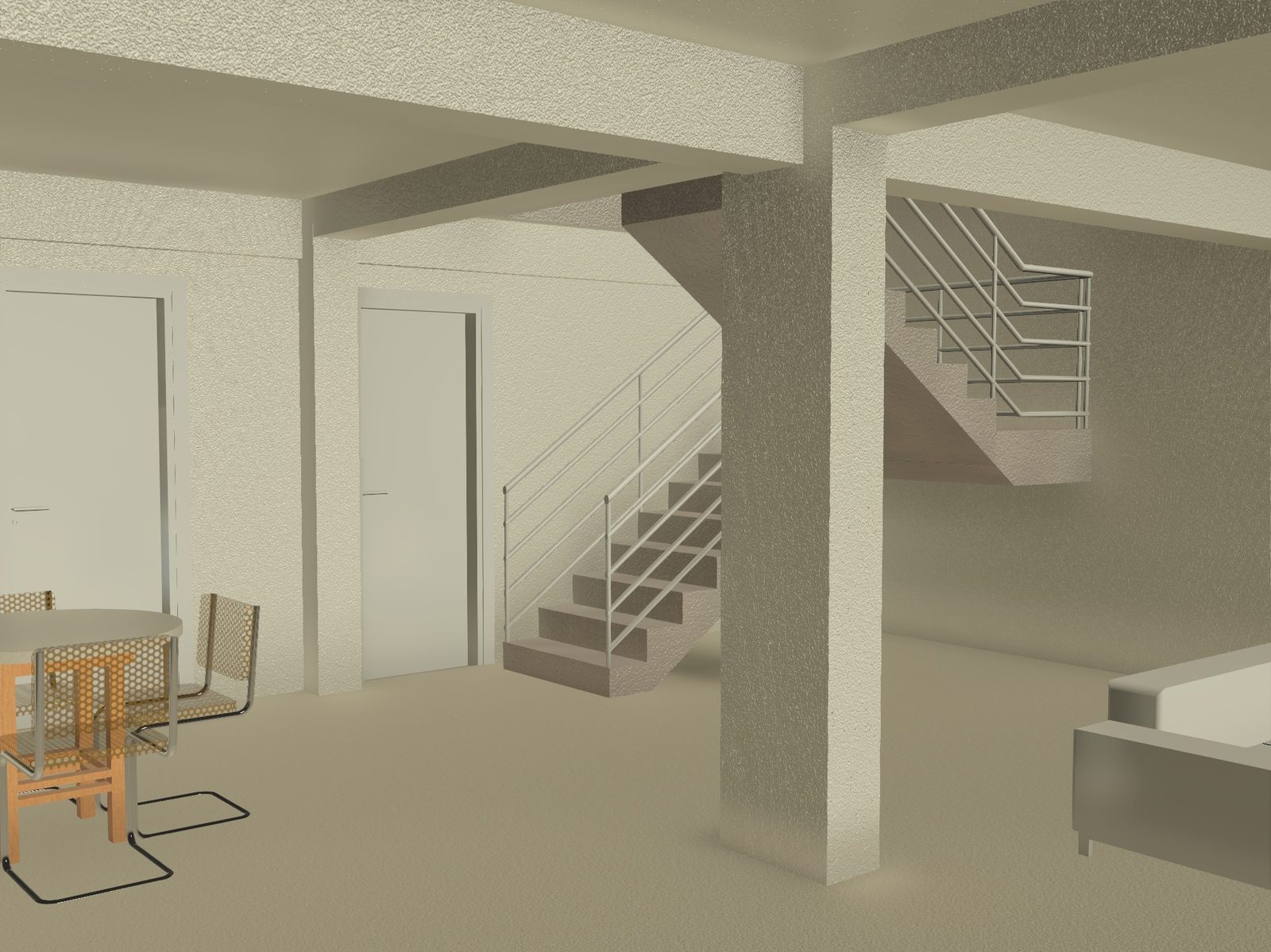 Vista interior de la sala y el comedor de la casa en Revit, con la escalera en U al fondo.