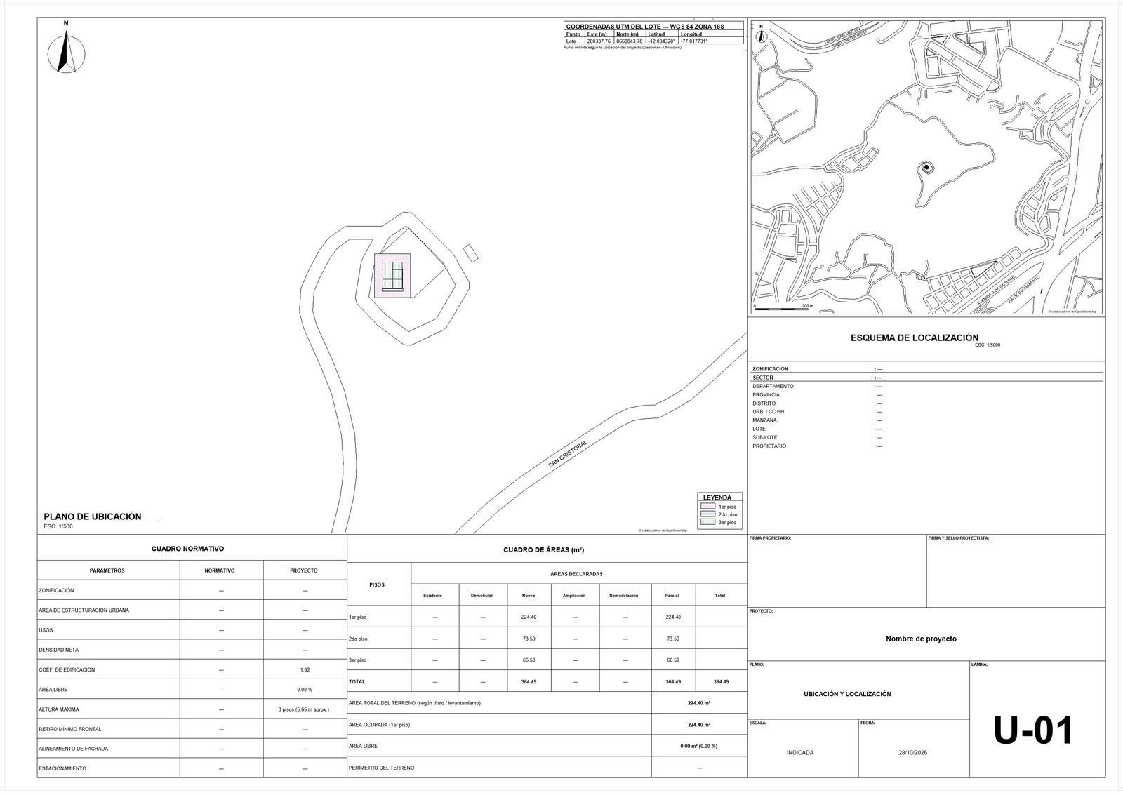 Lámina U-01 de ubicación y localización generada por PengBIM, con el plano a 1/500, el esquema de localización de OpenStreetMap, el cuadro normativo y el cuadro de áreas.