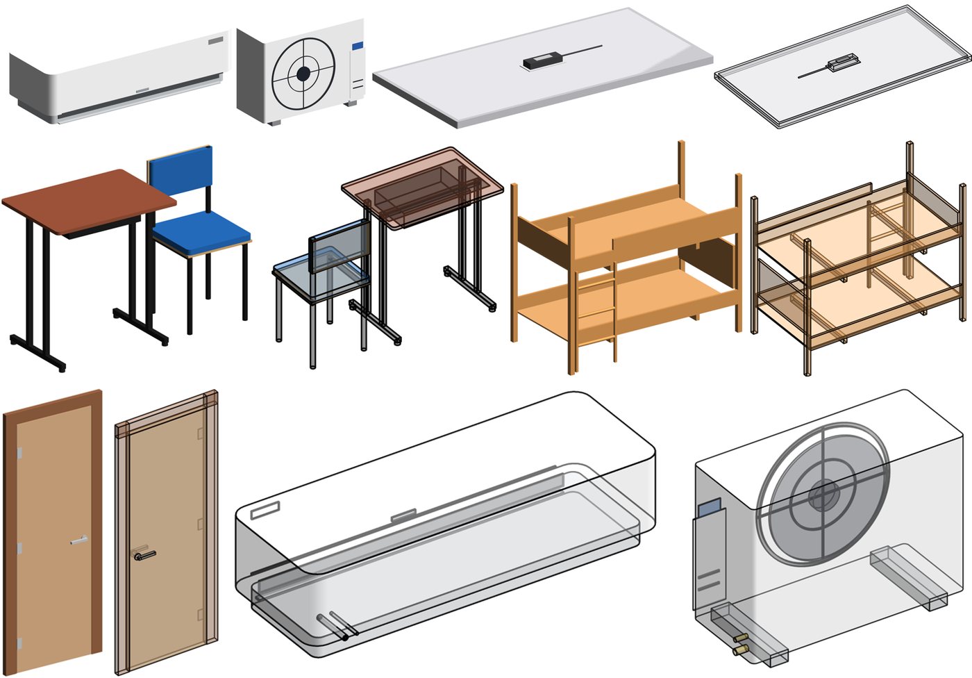 Familias generadas con PengBIM: split interior y exterior, panel LED, mesa con silla, camarote de madera y puerta con cuatro tipos.