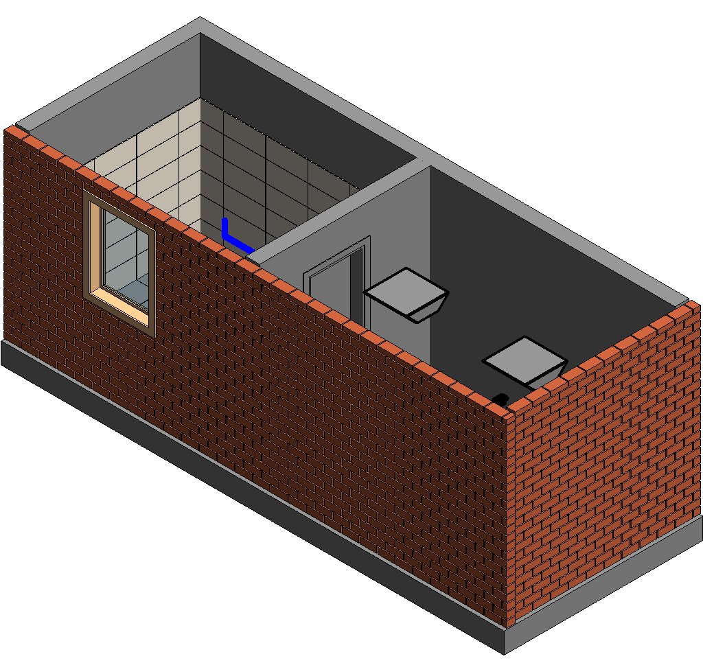 Vivienda de prueba en Revit con los muros exteriores de ladrillo King Kong colocados uno por uno y el baño enchapado con porcelanato.
