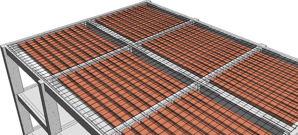 Losa aligerada en Revit con las barras de las viguetas y la malla de temperatura sobre los ladrillos.