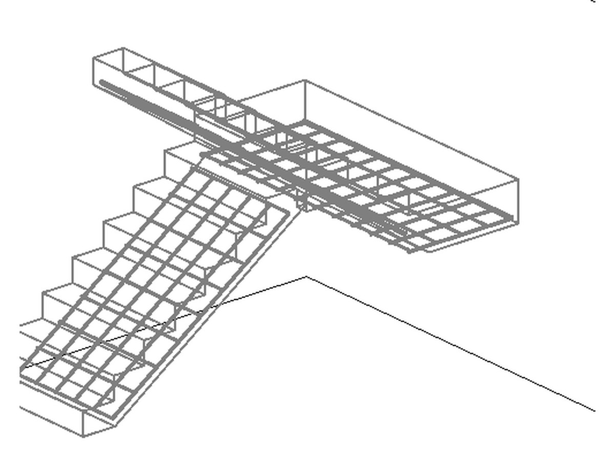 Acero de una escalera en U en Revit: barras en los dos tramos y en el descanso.
