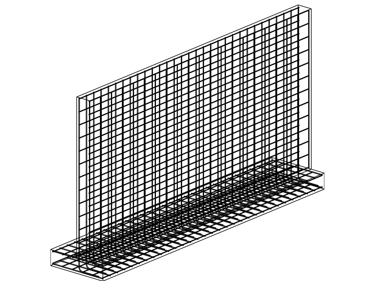 Acero de un muro de contención de prueba en Revit: malla vertical y horizontal en la pantalla y parrilla en la zapata.