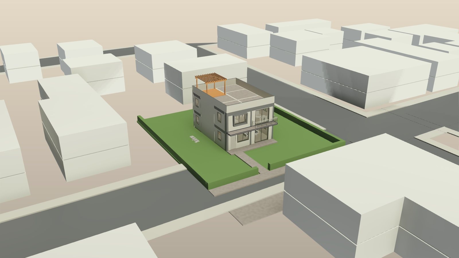 La casa de prueba modelada en Revit en un lote real de la calle Porta, Miraflores (Lima), con la volumetría de los edificios, las pistas y las veredas de alrededor creada desde OpenStreetMap.