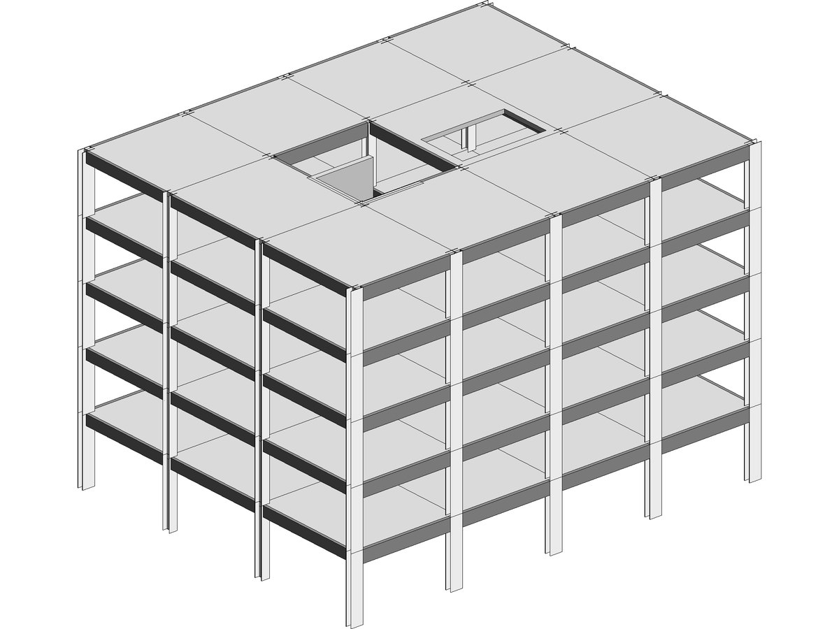 Edificio de prueba de 5 pisos importado en Revit desde un archivo .e2k de ETABS: columnas, vigas, núcleo de placas y losas con el hueco de la escalera.