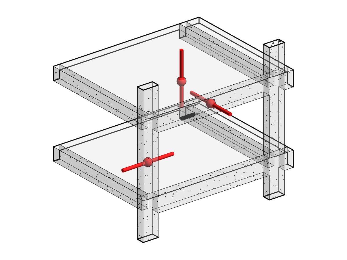Vista 3D de interferencias en Revit: en rojo las tuberías que cruzan una columna, una viga y una losa, con una esfera en cada cruce; en negro una tubería que no choca.