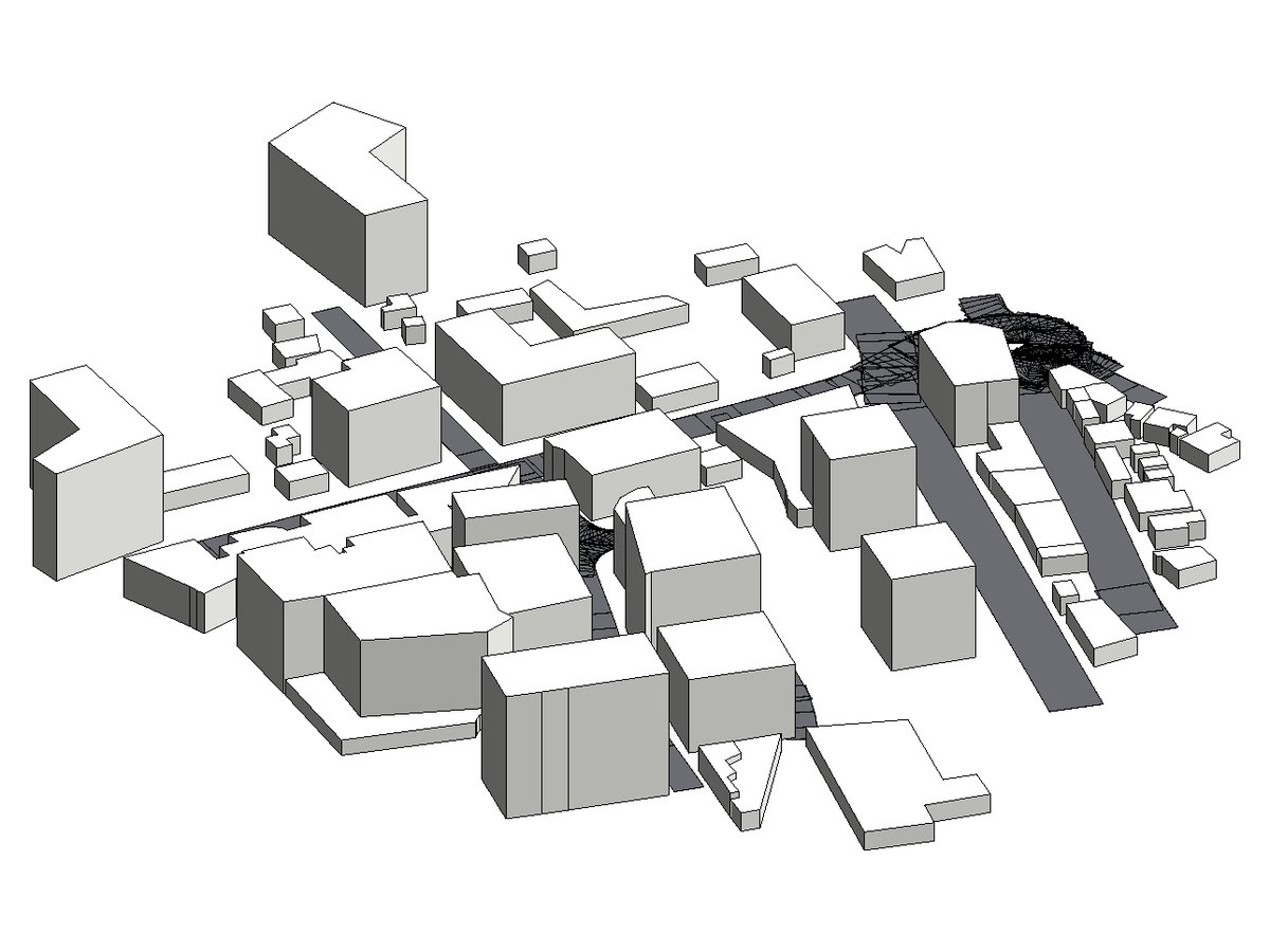 Volumetría de los edificios y pistas de una manzana de San Isidro, Lima, creada en Revit desde OpenStreetMap.