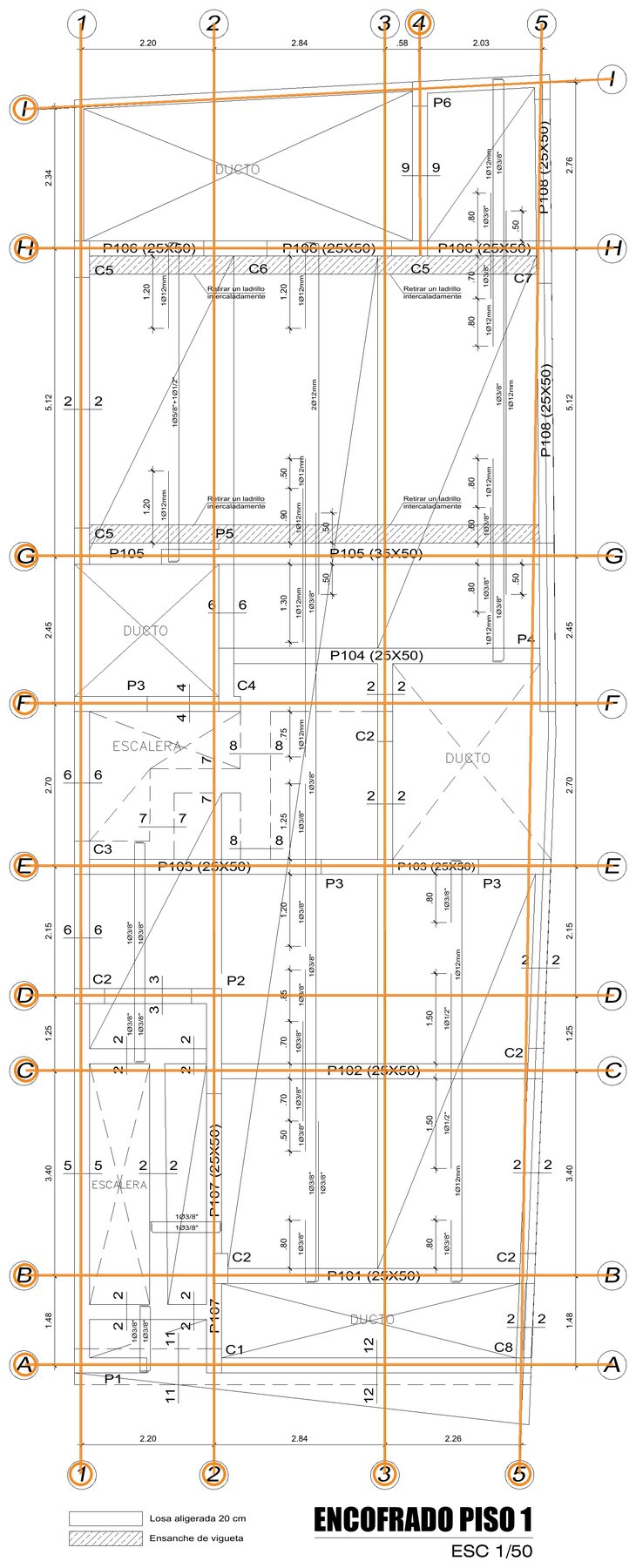 Plano de encofrado en PDF con los ejes detectados resaltados.