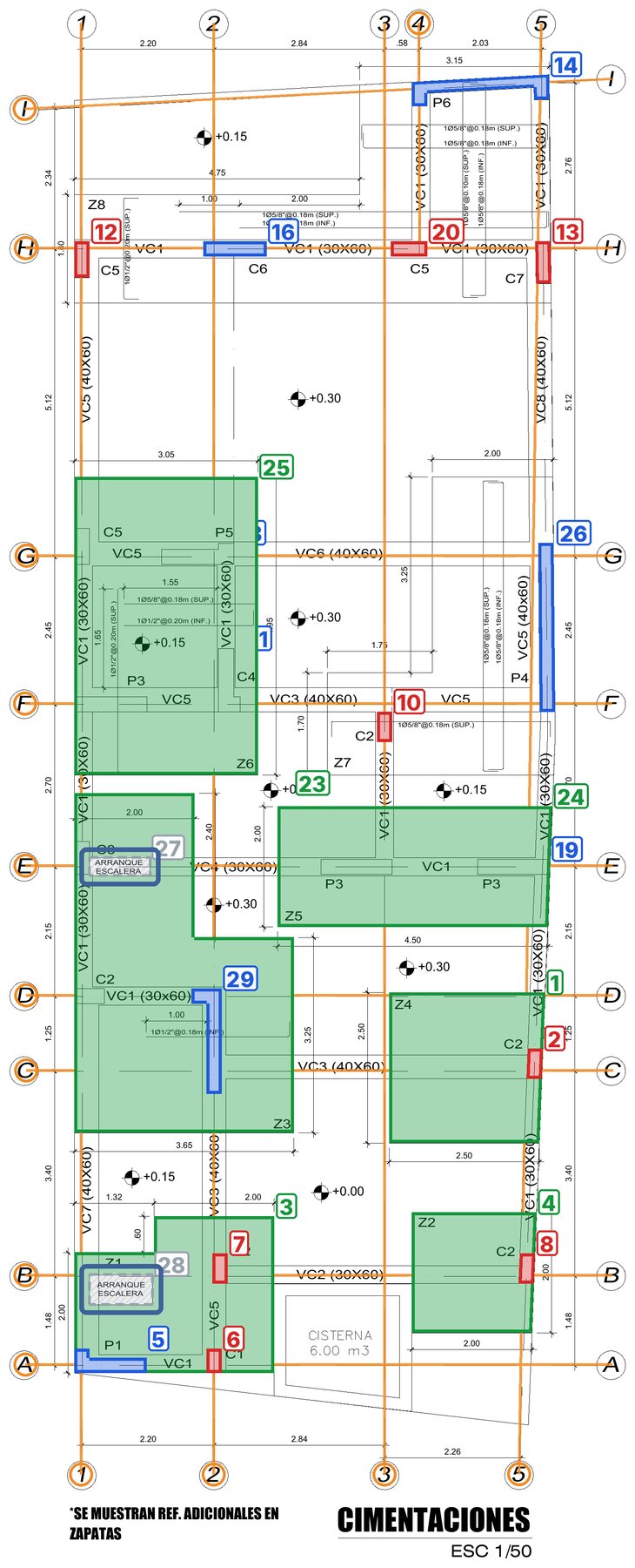Plano de cimentación con cada columna, placa y zapata numerada para la revisión de la IA.