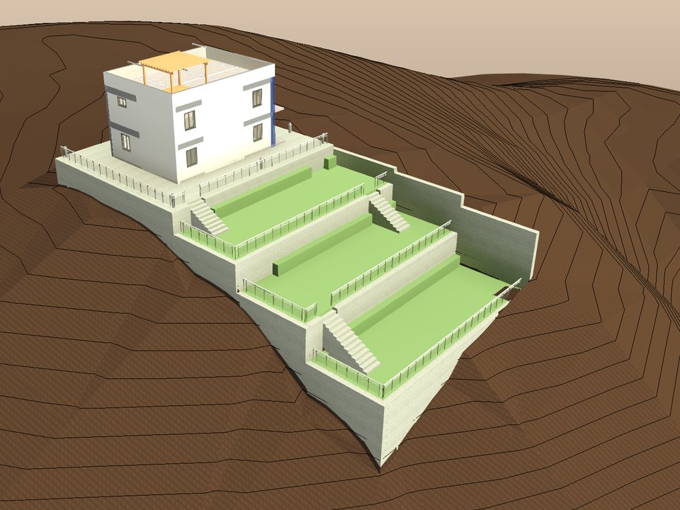 Vista aérea en Revit de la casa en la cumbre con terrazas escalonadas, muros de contención y escaleras en la ladera del cerro.
