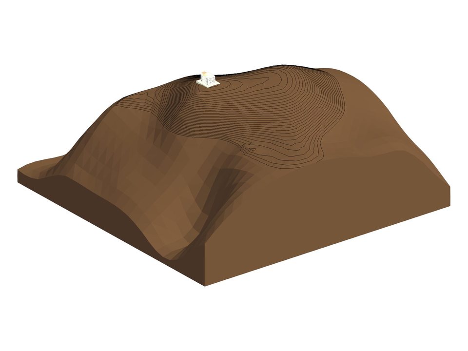 Cerro San Cristóbal de Lima en Revit, creado desde el mapa, con curvas de nivel y la casa de prueba en la cumbre.